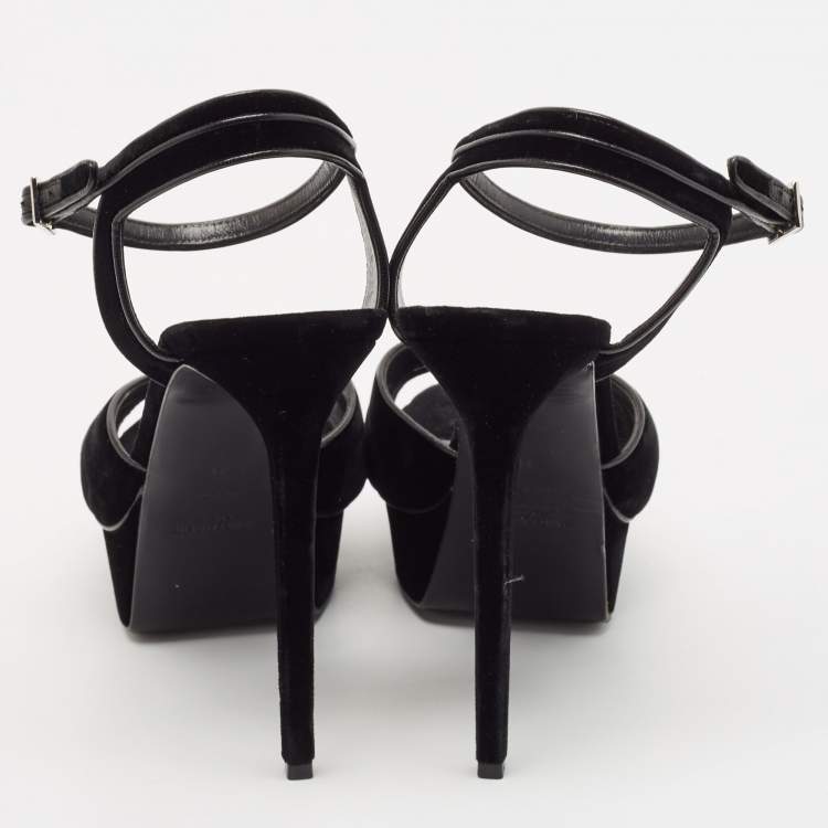 Pre Owned Saint Laurent Black Velvet Tribute Ankle Strap Sandals Size 41