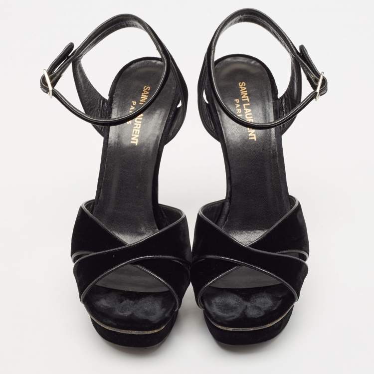 Pre Owned Saint Laurent Black Velvet Tribute Ankle Strap Sandals Size 41