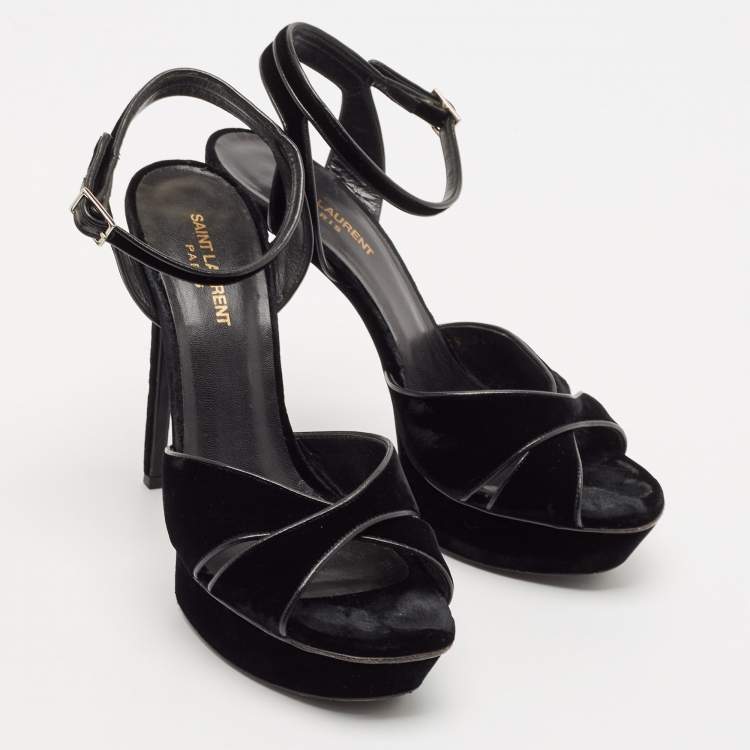 Pre Owned Saint Laurent Black Velvet Tribute Ankle Strap Sandals Size 41