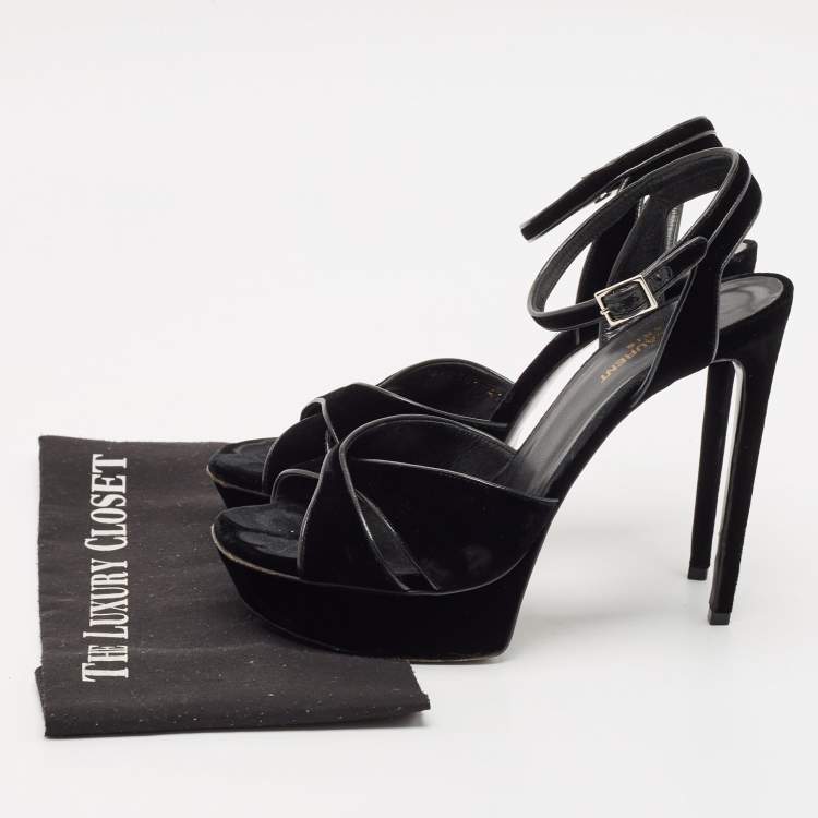 Pre Owned Saint Laurent Black Velvet Tribute Ankle Strap Sandals Size 41
