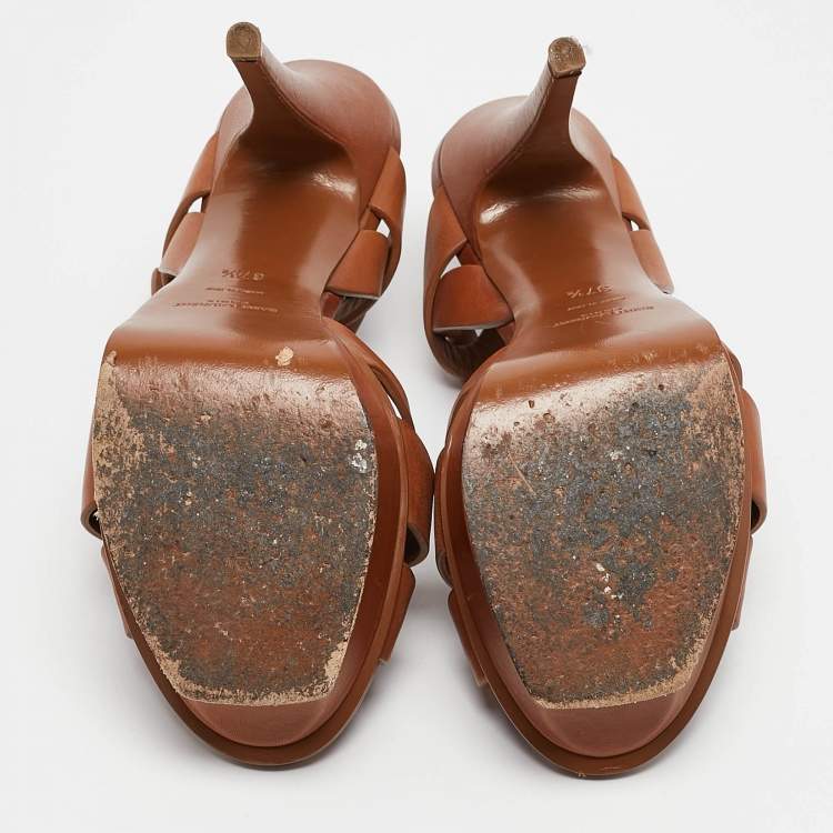 Pre Owned Saint Laurent Brown Leather Tribute Platform Sandals Size 37.5