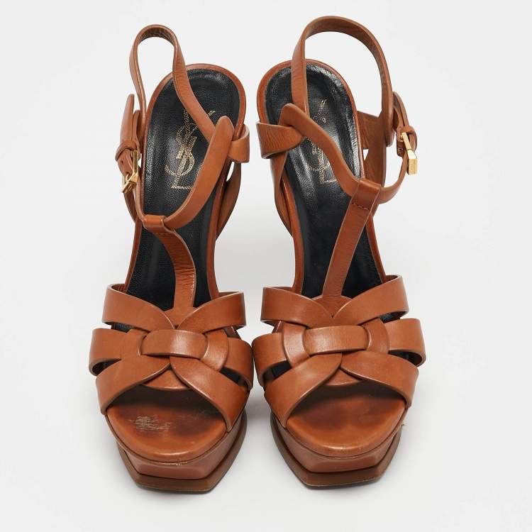 Pre Owned Saint Laurent Brown Leather Tribute Platform Sandals Size 37.5