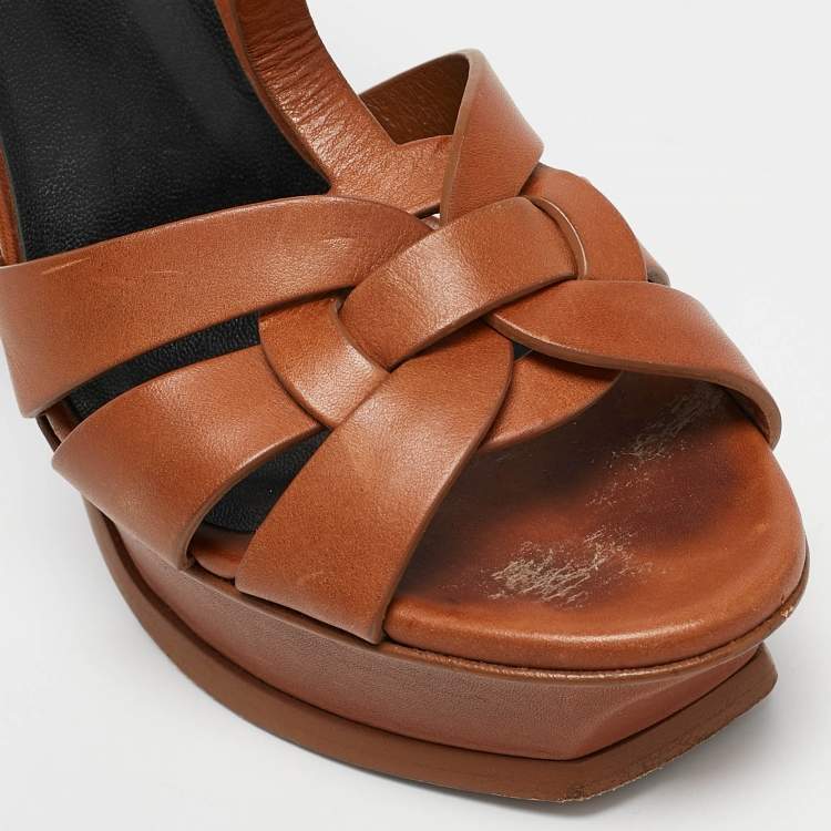 Pre Owned Saint Laurent Brown Leather Tribute Platform Sandals Size 37.5
