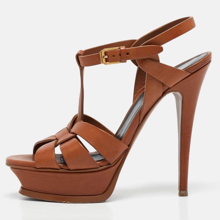 Pre Owned Saint Laurent Brown Leather Tribute Platform Sandals Size 37.5