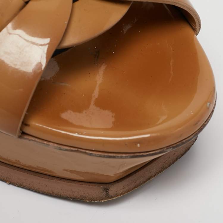 Pre Owned Saint Laurent Beige Patent Leather Tribute Platform Sandals Size 38