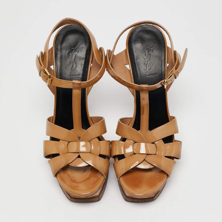 Pre Owned Saint Laurent Beige Patent Leather Tribute Platform Sandals Size 38