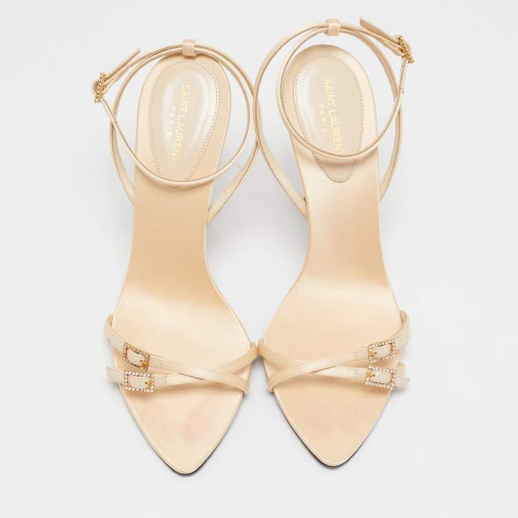 Pre Owned Saint Laurent Cream Satin Gippy Ankle Strap Sandals Size 39