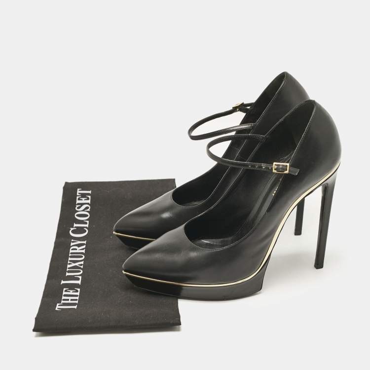 Pre Owned Saint Laurent Black Patent Leather Pointed Toe Ankle Strap Platform Pumps Size 40.5