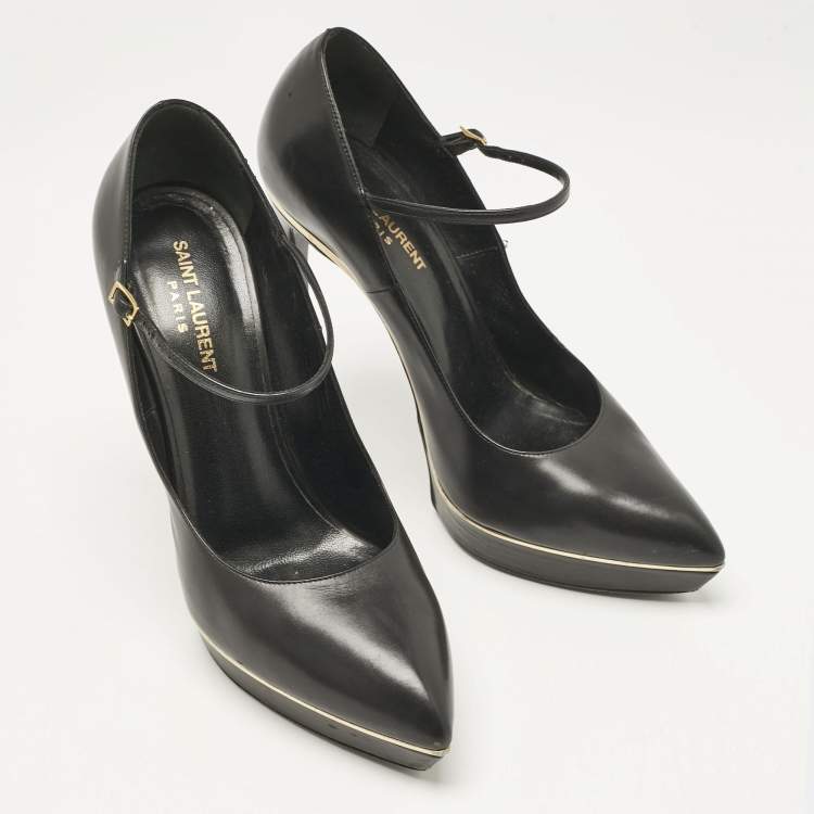 Pre Owned Saint Laurent Black Patent Leather Pointed Toe Ankle Strap Platform Pumps Size 40.5