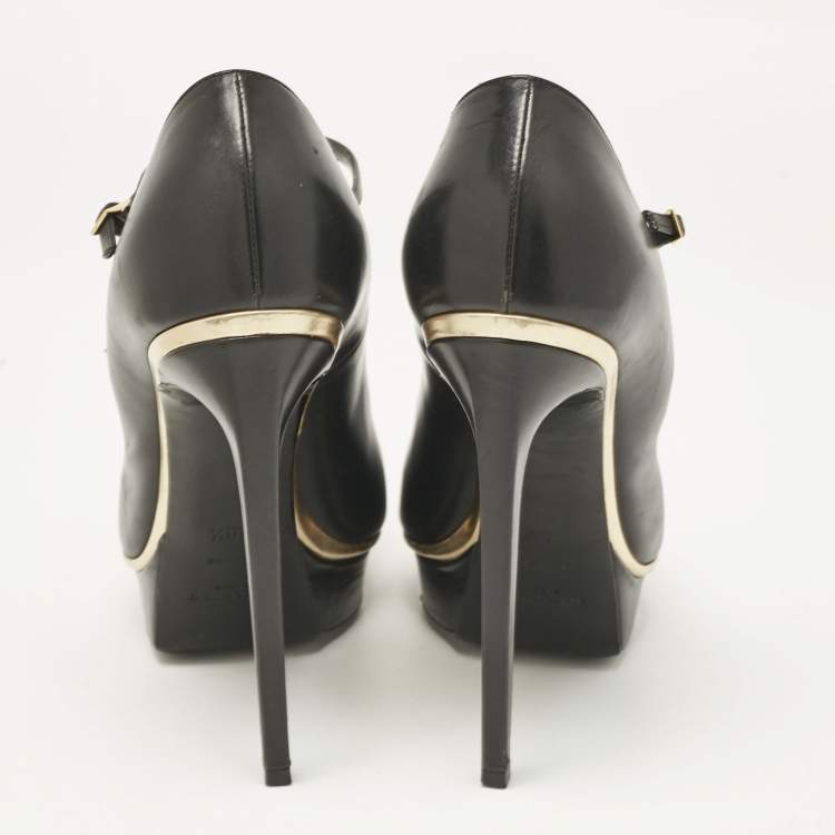 Pre Owned Saint Laurent Black Patent Leather Pointed Toe Ankle Strap Platform Pumps Size 40.5