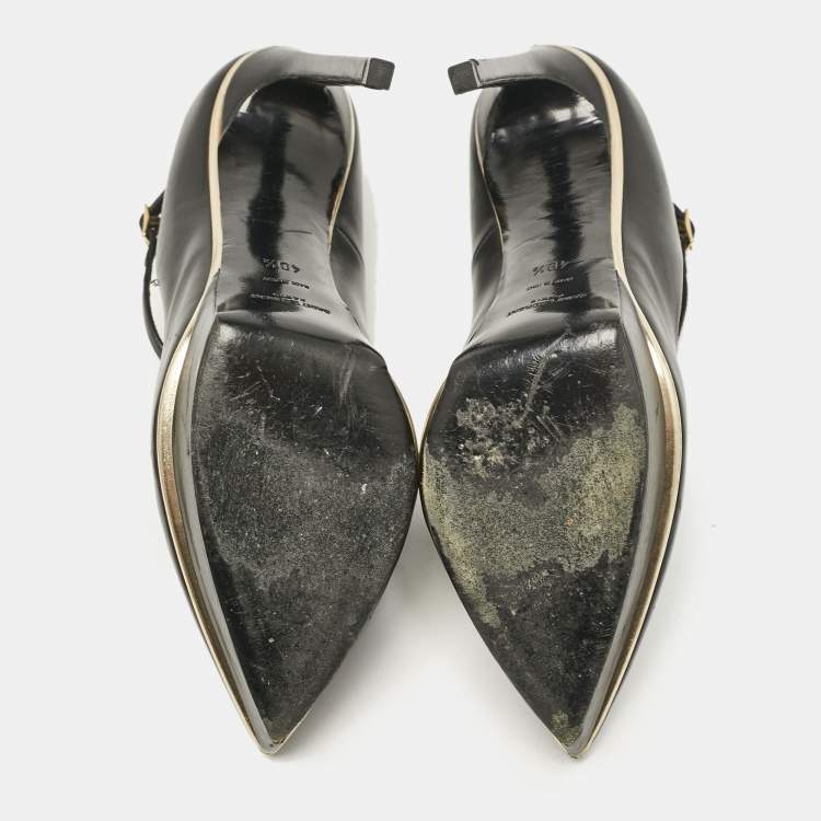 Pre Owned Saint Laurent Black Patent Leather Pointed Toe Ankle Strap Platform Pumps Size 40.5