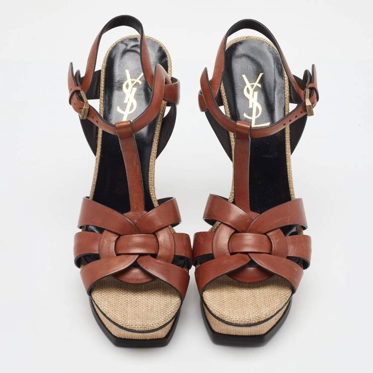 Pre Owned Saint Laurent Brown Leather Tribute Platform Sandals Size 41