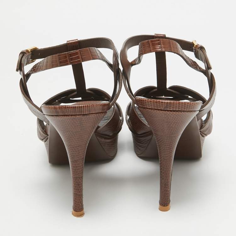 مملوكة مسبقًا Saint Laurent Brown Croc Embossed Leather Tribute Sandals Size 40.5