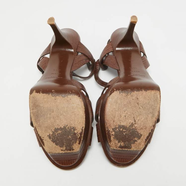 مملوكة مسبقًا Saint Laurent Brown Croc Embossed Leather Tribute Sandals Size 40.5