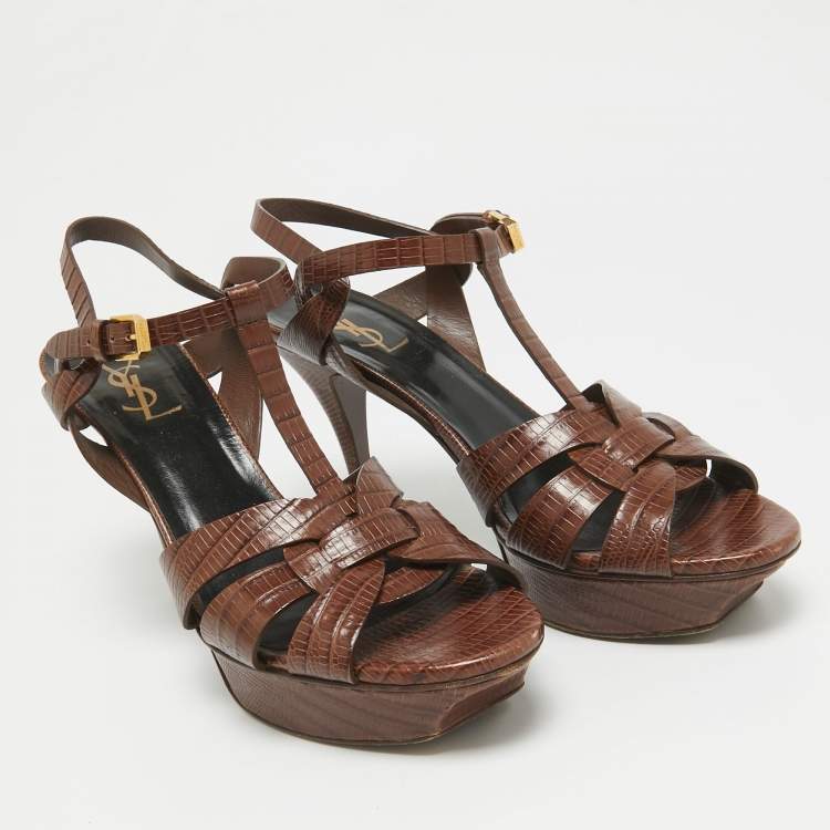 مملوكة مسبقًا Saint Laurent Brown Croc Embossed Leather Tribute Sandals Size 40.5