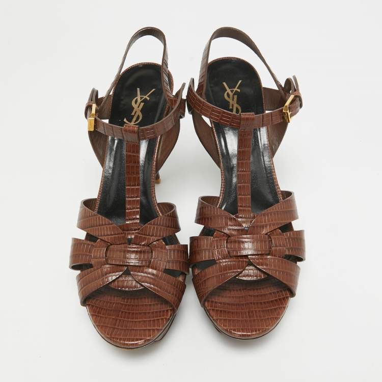 مملوكة مسبقًا Saint Laurent Brown Croc Embossed Leather Tribute Sandals Size 40.5