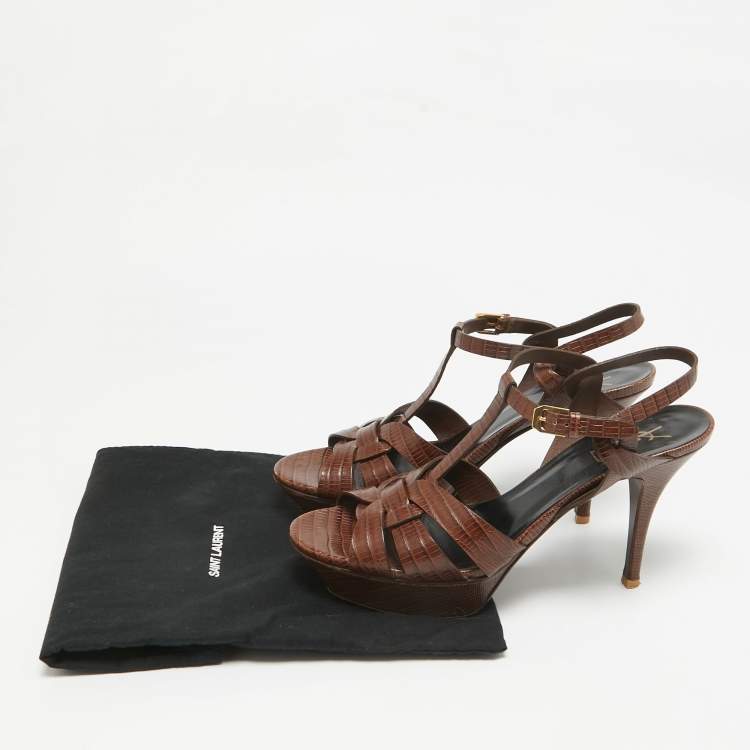مملوكة مسبقًا Saint Laurent Brown Croc Embossed Leather Tribute Sandals Size 40.5