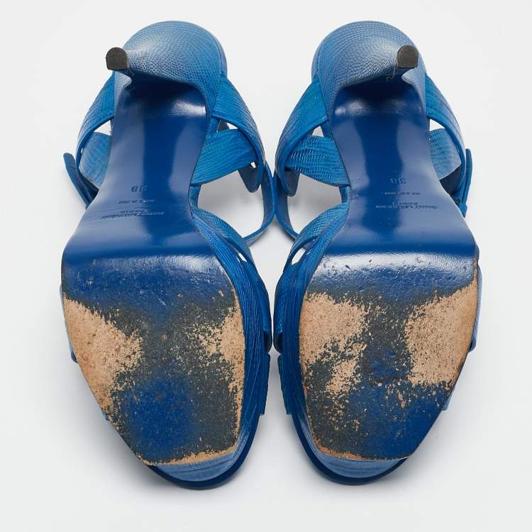 Pre Owned Saint Laurent Blue Lizard Embossed Leather Tribute Platform Sandals Size 38