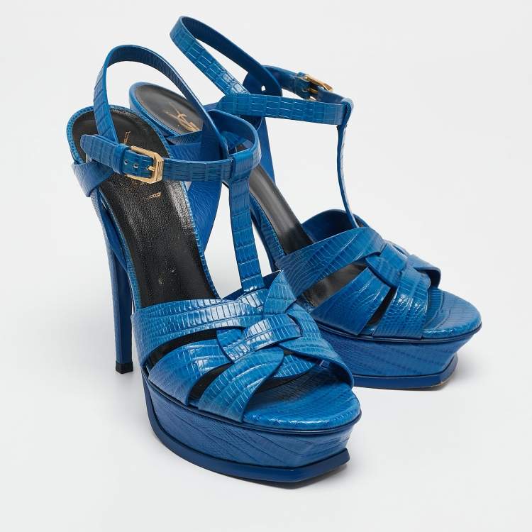 Pre Owned Saint Laurent Blue Lizard Embossed Leather Tribute Platform Sandals Size 38