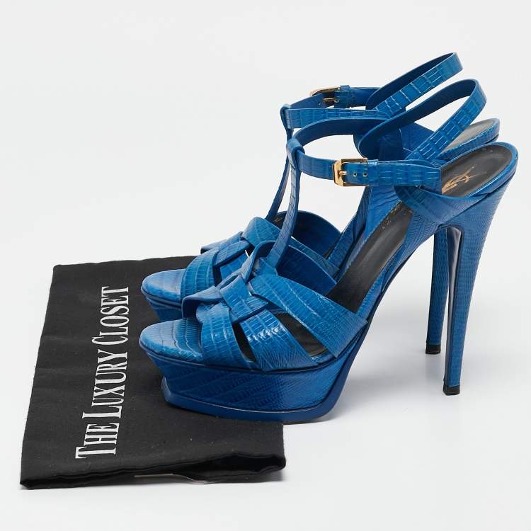 Pre Owned Saint Laurent Blue Lizard Embossed Leather Tribute Platform Sandals Size 38