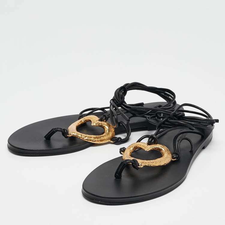 Pre Owned Saint Laurent Black Leather Love Ankle Tie Flat Sandals Size 37