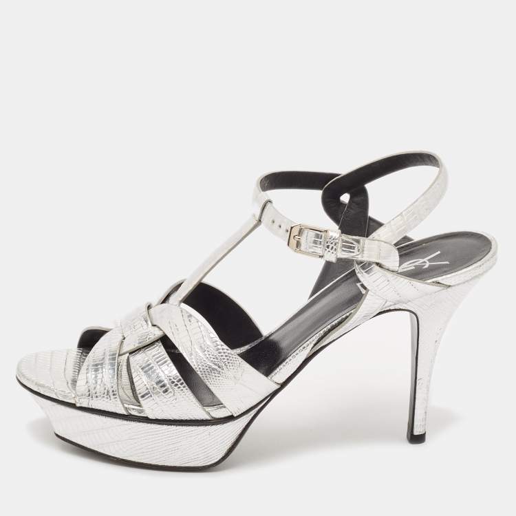 Pre Owned Saint Laurent Paris Metallic Lizard Embossed Leather Tribute Sandals Size 40.5