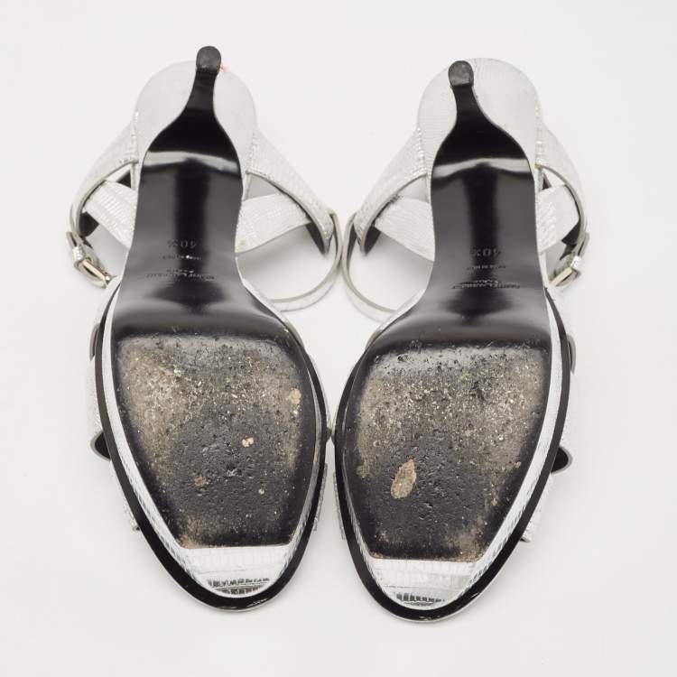 Pre Owned Saint Laurent Paris Metallic Lizard Embossed Leather Tribute Sandals Size 40.5