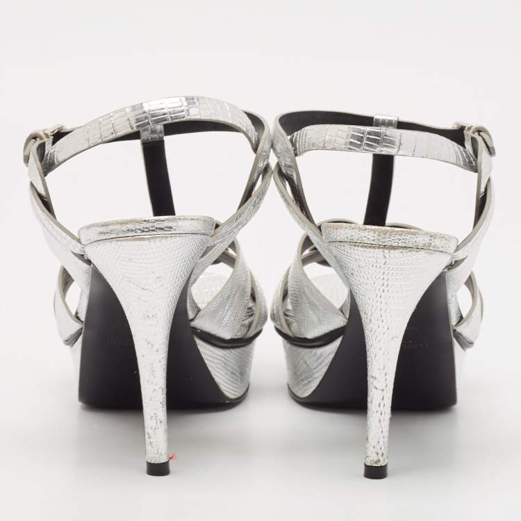 Pre Owned Saint Laurent Paris Metallic Lizard Embossed Leather Tribute Sandals Size 40.5