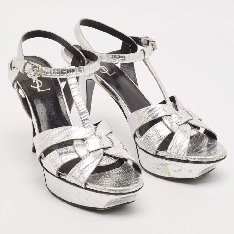 Pre Owned Saint Laurent Paris Metallic Lizard Embossed Leather Tribute Sandals Size 40.5