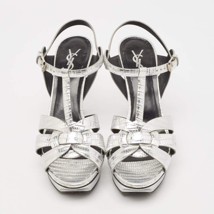Pre Owned Saint Laurent Paris Metallic Lizard Embossed Leather Tribute Sandals Size 40.5