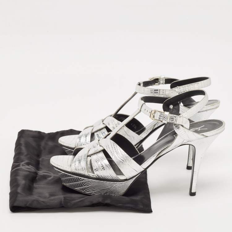 Pre Owned Saint Laurent Paris Metallic Lizard Embossed Leather Tribute Sandals Size 40.5