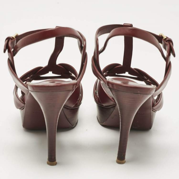 Pre Owned Saint Laurent Burgundy Leather Tribute Platform Sandals Size 40