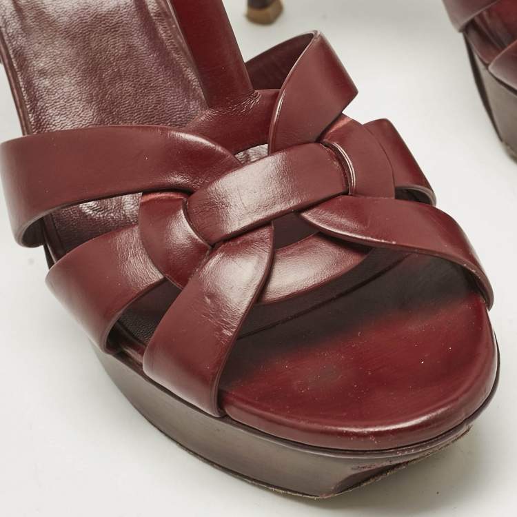 Pre Owned Saint Laurent Burgundy Leather Tribute Platform Sandals Size 40