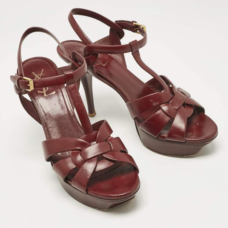 Pre Owned Saint Laurent Burgundy Leather Tribute Platform Sandals Size 40