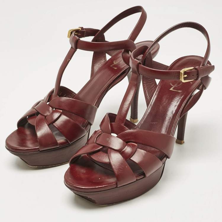 Pre Owned Saint Laurent Burgundy Leather Tribute Platform Sandals Size 40