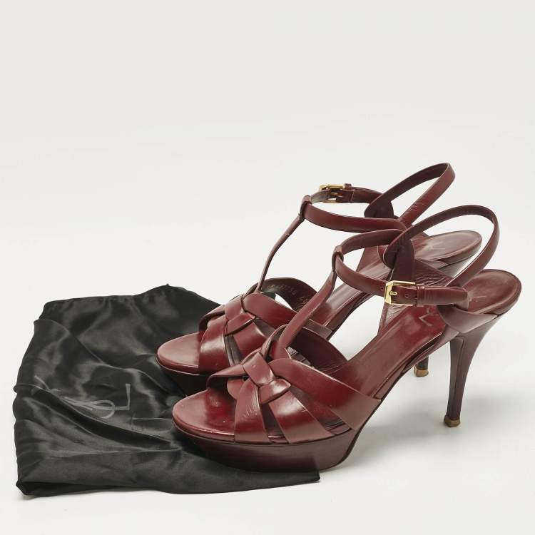Pre Owned Saint Laurent Burgundy Leather Tribute Platform Sandals Size 40