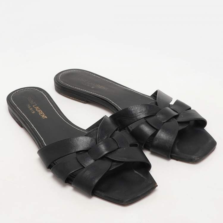 Pre Owned Saint Laurent Black Leather Tribute Flats Size 37.5