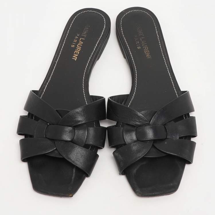 Pre Owned Saint Laurent Black Leather Tribute Flats Size 37.5
