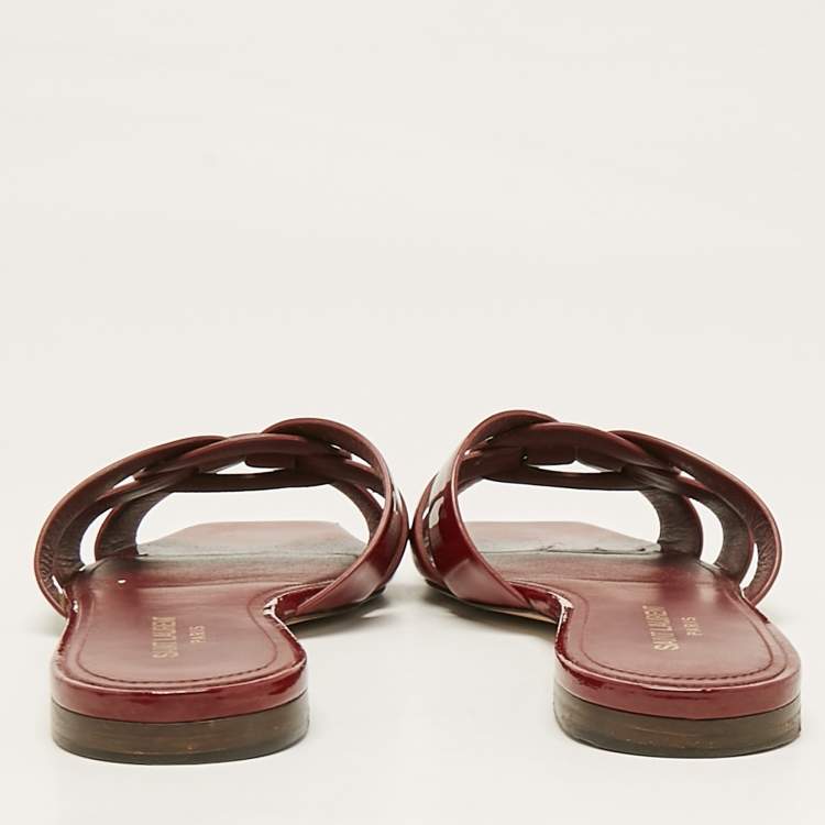 Pre Owned Saint Laurent Red Patent Leather Tribute Flat Slides Size 39