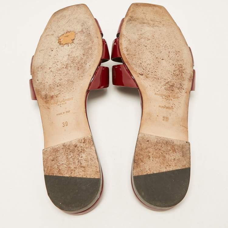 Pre Owned Saint Laurent Red Patent Leather Tribute Flat Slides Size 39