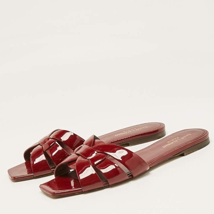 Pre Owned Saint Laurent Red Patent Leather Tribute Flat Slides Size 39