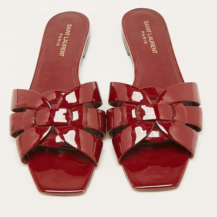 Pre Owned Saint Laurent Red Patent Leather Tribute Flat Slides Size 39
