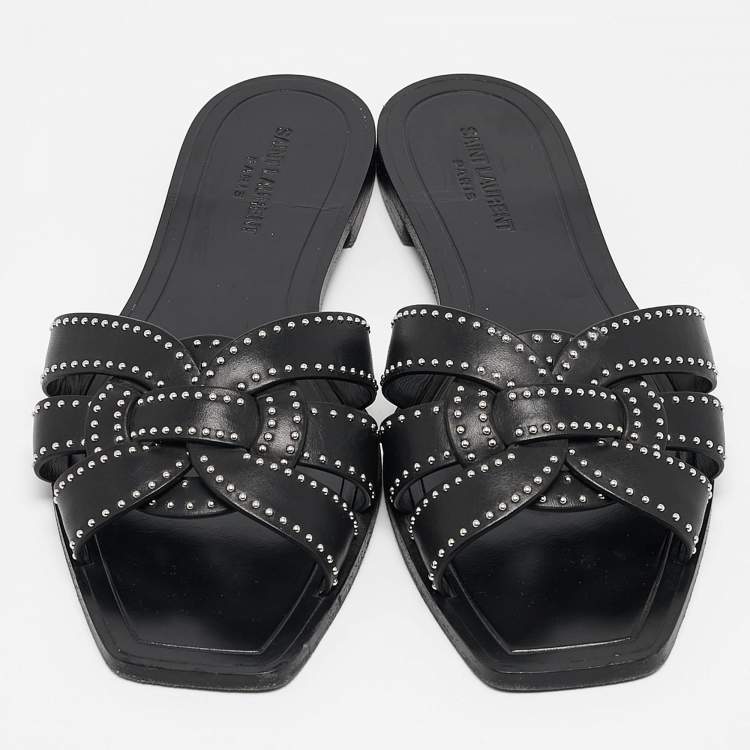 Pre Owned Saint Laurent Black Leather Embellished Tribute Flat Sandals Size 41