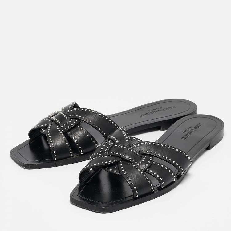 Pre Owned Saint Laurent Black Leather Embellished Tribute Flat Sandals Size 41