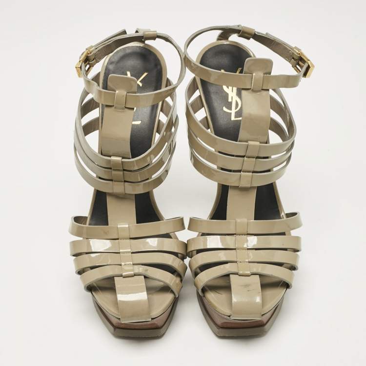 مملوكة مسبقًا Saint Laurent Green Patent Leather Ankle Strap Sandals Size 39.5