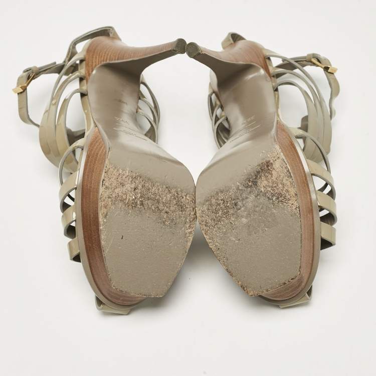 مملوكة مسبقًا Saint Laurent Green Patent Leather Ankle Strap Sandals Size 39.5