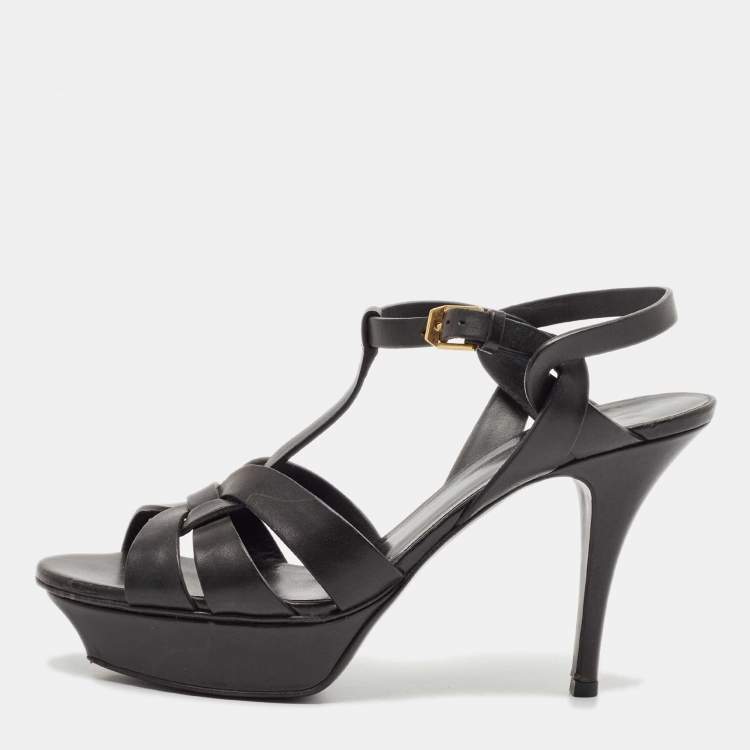 Pre Owned Saint Laurent Black Leather Tribute Platform Sandals Size 39