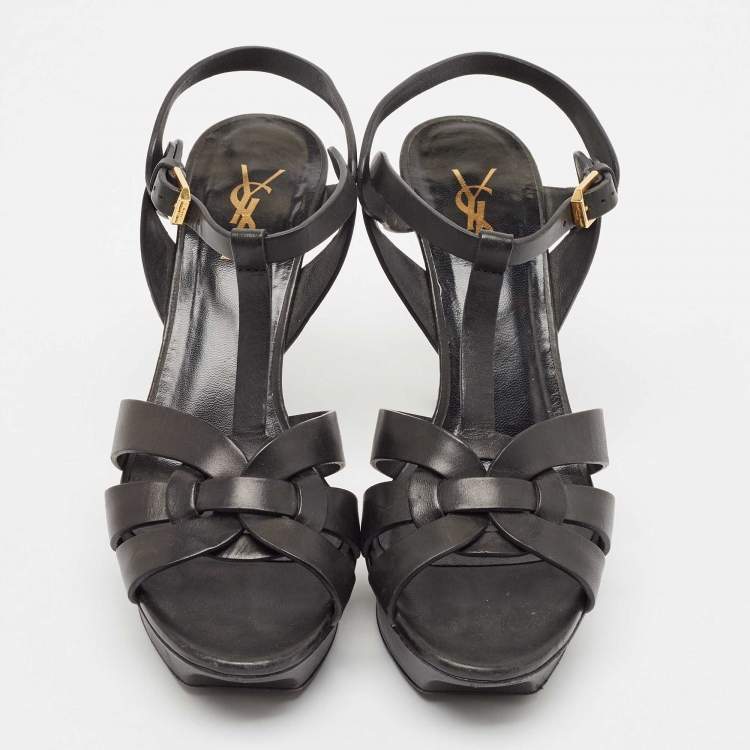 Pre Owned Saint Laurent Black Leather Tribute Platform Sandals Size 39