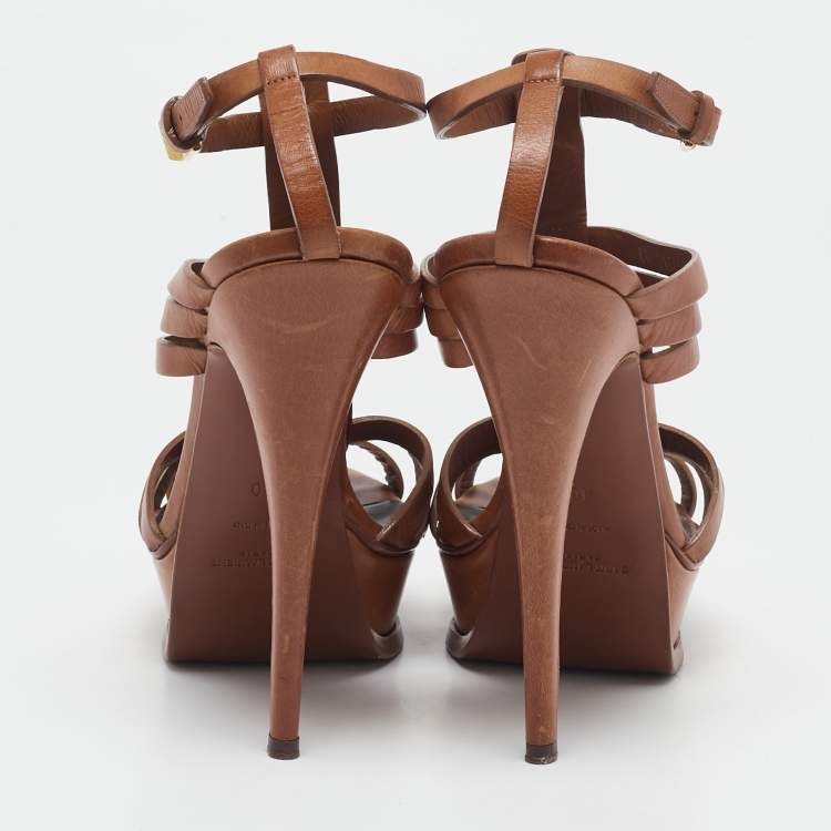 Pre Owned Saint Laurent Brown Leather Ankle Strap Sandals Size 40