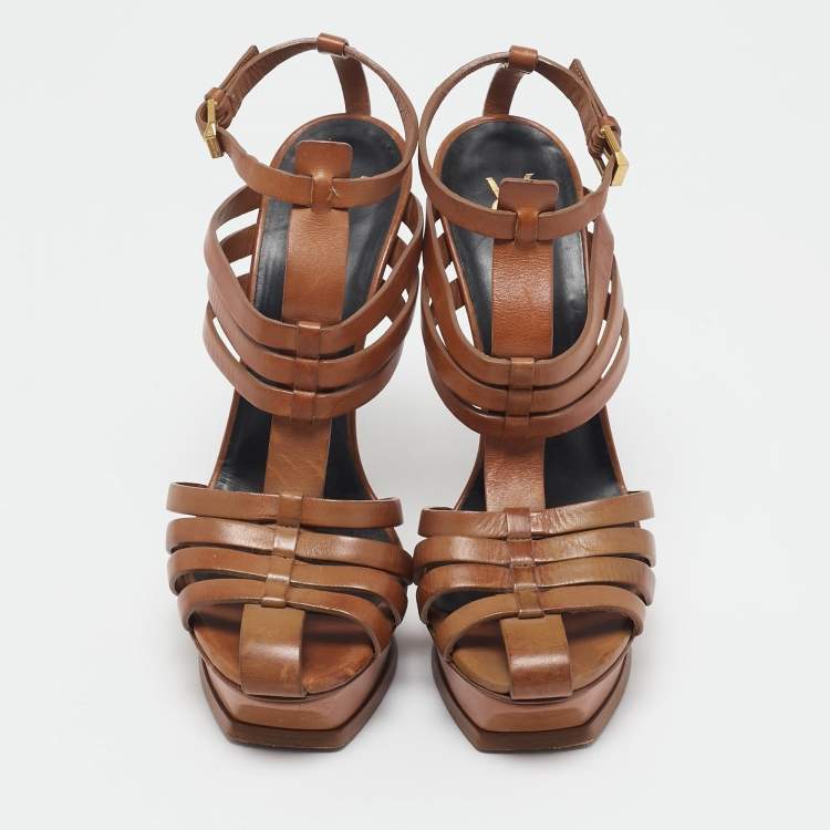 Pre Owned Saint Laurent Brown Leather Ankle Strap Sandals Size 40
